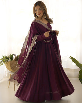 Wine Pure Roman Silk Chanderi Anarkali Suit Set With Huge Flair, Dupatta & Pant