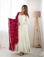 White Pure Soft Vichitra Silk Anarkali Suit Set With Huge Flair, Dark Pink Dupatta & Pant
