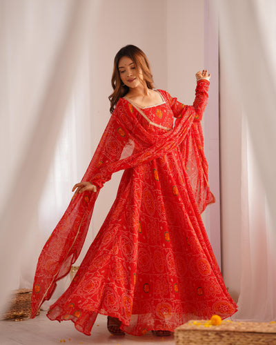 Red Pure Soft Lightweight Chiffon Anarkali Suit Set With Huge Flair, Dupatta & Pant