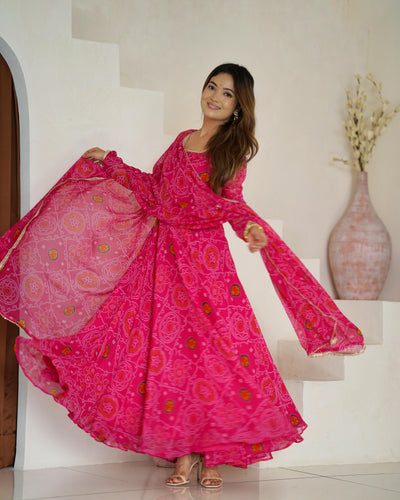 Pink Pure Soft Lightweight Chiffon Anarkali Suit Set With Huge Flair, Dupatta & Pant