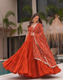 Rust Orange Pure Soft Fox Georgette Anarkali Suit Set With Huge Flair, Dupatta & Pant