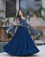 Teal Blue Pure Soft Fox Georgette Anarkali Suit Set With Huge Flair, Dupatta & Pant