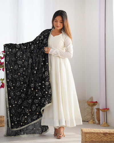 White Pure Soft Vichitra Silk Anarkali Suit Set With Huge Flair, Black Dupatta & Pant