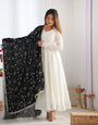White Pure Soft Vichitra Silk Anarkali Suit Set With Huge Flair, Black Dupatta & Pant