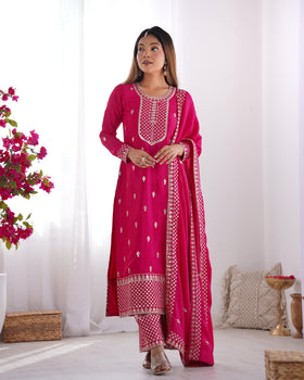 Pink Pure Chinon Silk Kurta Suit Set With Dupatta & Pant
