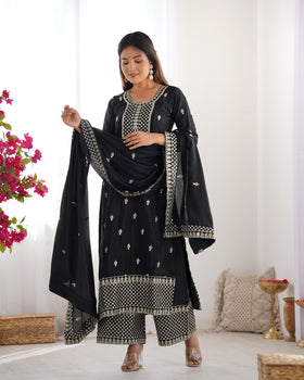 Black Pure Chinon Silk Kurta Suit Set With Dupatta & Pant