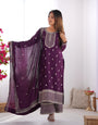 Wine Pure Chinon Silk Kurta Suit Set With Dupatta & Pant
