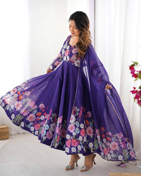 Purple Pure Soft Organza Anarkali Suit Set With Huge Flair, Dupatta & Pant