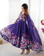 Purple Pure Soft Organza Anarkali Suit Set With Huge Flair, Dupatta & Pant