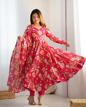 Pink Pure Soft Organza Anarkali Suit Set With Huge Flair, Dupatta & Pant
