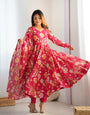 Pink Pure Soft Organza Anarkali Suit Set With Huge Flair, Dupatta & Pant
