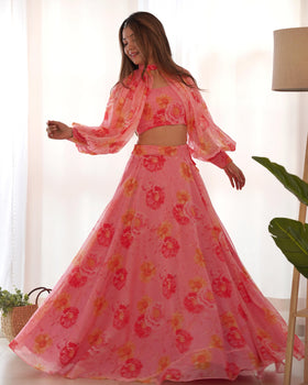 Pink Pure Soft Tabby Organza Lehenga Set With Huge Flair & Blouse