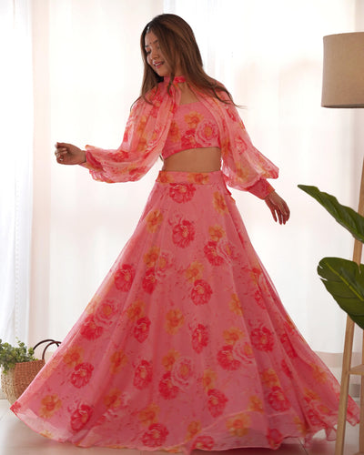 Pink Pure Soft Tabby Organza Lehenga Set With Huge Flair & Blouse