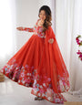 Rust Pure Soft Organza Anarkali Suit Set With Huge Flair, Dupatta & Pant
