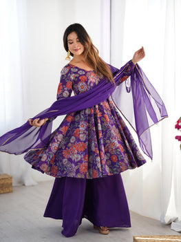 Purple Pure Roman Silk Chanderi Kediya Set With Huge Flair, Dupatta & Plazo