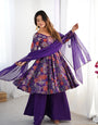 Purple Pure Roman Silk Chanderi Kediya Set With Huge Flair, Dupatta & Plazo