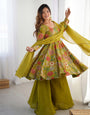 Mehendi Pure Roman Silk Chanderi Kediya Set With Huge Flair, Dupatta & Plazo