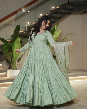 Pista Green Pure Roman Silk Chanderi Anarkali Suit Set With Huge Flair, Dupatta & Pant