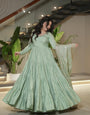 Pista Green Pure Roman Silk Chanderi Anarkali Suit Set With Huge Flair, Dupatta & Pant