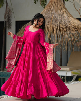 Rani Pink Pure Roman Silk Chanderi Anarkali Suit Set With Huge Flair, Dupatta & Pant