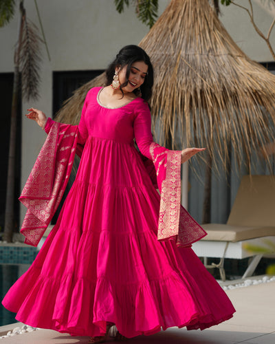 Rani Pink Pure Roman Silk Chanderi Anarkali Suit Set With Huge Flair, Dupatta & Pant