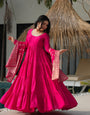 Rani Pink Pure Roman Silk Chanderi Anarkali Suit Set With Huge Flair, Dupatta & Pant