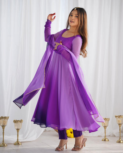 Purple Pure Soft Fox Georgette Anarkali Suit Set With Huge Flair, Dupatta & Pant