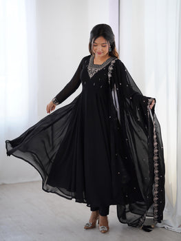 Black Pure Soft Fox Georgette Anarkali Suit Set With Huge Flair, Dupatta & Pant