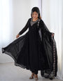 Black Pure Soft Fox Georgette Anarkali Suit Set With Huge Flair, Dupatta & Pant