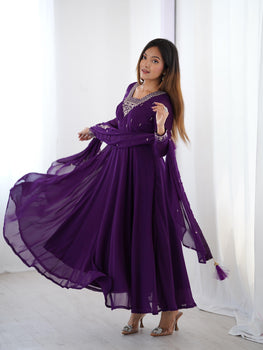 Purple Pure Soft Fox Georgette Anarkali Suit Set With Huge Flair, Dupatta & Pant