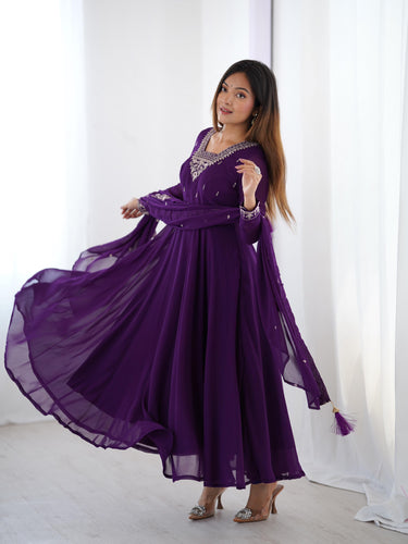 Purple Pure Soft Fox Georgette Anarkali Suit Set With Huge Flair, Dupatta & Pant