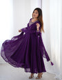 Purple Pure Soft Fox Georgette Anarkali Suit Set With Huge Flair, Dupatta & Pant