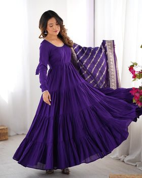 Purple Pure Roman Silk Chanderi Anarkali Suit Set With Huge Flair, Dupatta & Pant