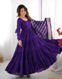 Purple Pure Roman Silk Chanderi Anarkali Suit Set With Huge Flair, Dupatta & Pant