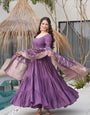 Mauve Purple Pure Roman Silk Chanderi Anarkali Suit Set With Huge Flair, Dupatta & Pant
