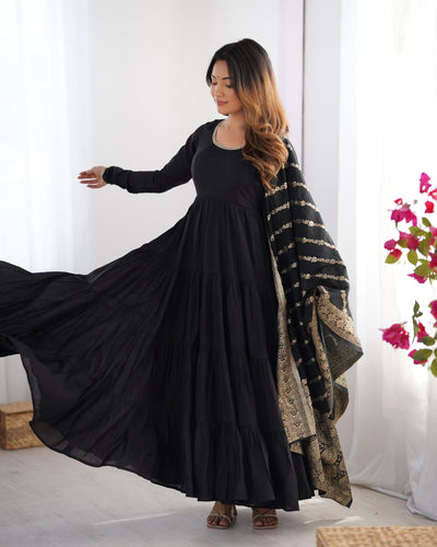 Black Pure Roman Silk Chanderi Anarkali Suit Set With Huge Flair, Dupatta & Pant