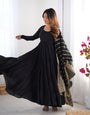 Black Pure Roman Silk Chanderi Anarkali Suit Set With Huge Flair, Dupatta & Pant