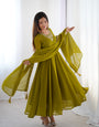 Mehendi Green Pure Soft Fox Georgette Anarkali Suit Set With Huge Flair, Dupatta & Pant