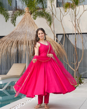 Pink Pure Roman Silk Chanderi Anarkali Suit Set With Huge Flair, Dupatta & Pant