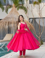 Pink Pure Roman Silk Chanderi Anarkali Suit Set With Huge Flair, Dupatta & Pant
