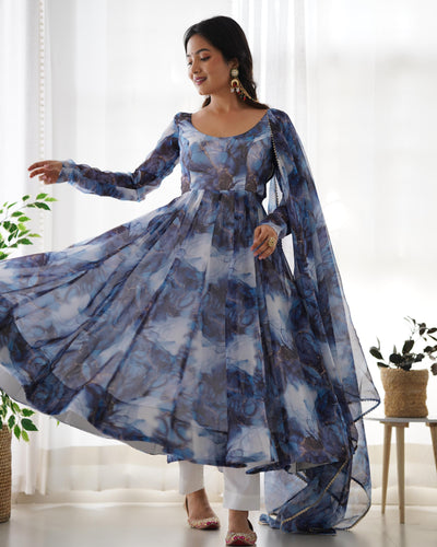Navy Blue Pure Soft Organza Anarkali Suit Set With Huge Flair, Dupatta & Pant