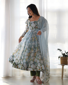 Floral Green Pure Soft Organza Anarkali Suit Set With Huge Flair, Dupatta & Pant