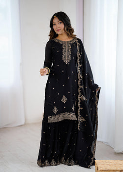 Black Pure Soft Crunchy Silk Kediya Set With Dupatta & Sharara