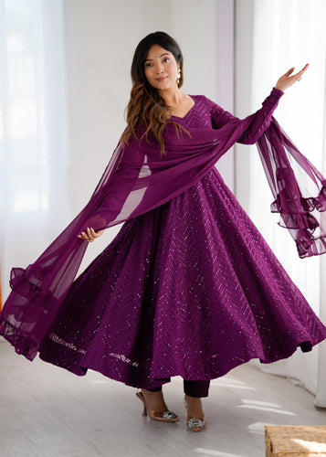 Wine Pure Soft Fox Georgette Anarkali Suit Set With Huge Flair, Dupatta & Pant