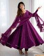 Wine Pure Soft Fox Georgette Anarkali Suit Set With Huge Flair, Dupatta & Pant