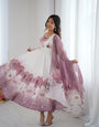 Onion Pink Pure Soft Organza Anarkali Suit Set With Huge Flair, Dupatta & Pant