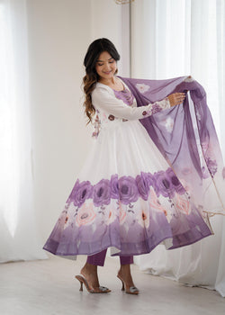 Violet Pure Soft Organza Anarkali Suit Set With Huge Flair, Dupatta & Pant