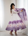 Violet Pure Soft Organza Anarkali Suit Set With Huge Flair, Dupatta & Pant