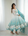 Aqua Blue Pure Soft Organza Anarkali Suit Set With Huge Flair, Dupatta & Pant