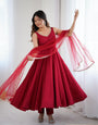 Maroon Pure Roman Silk Chanderi Anarkali Suit Set With Huge Flair, Dupatta & Pant